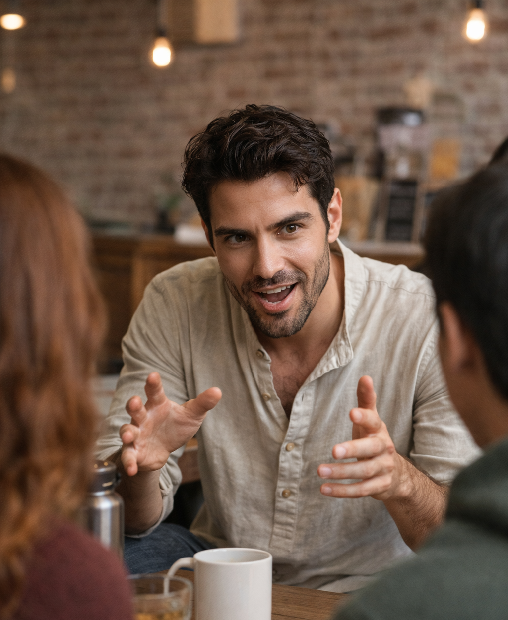 A man, mid-thirties, talking animatedly to a couple in a cafe. There is a coffee mug in front of him.