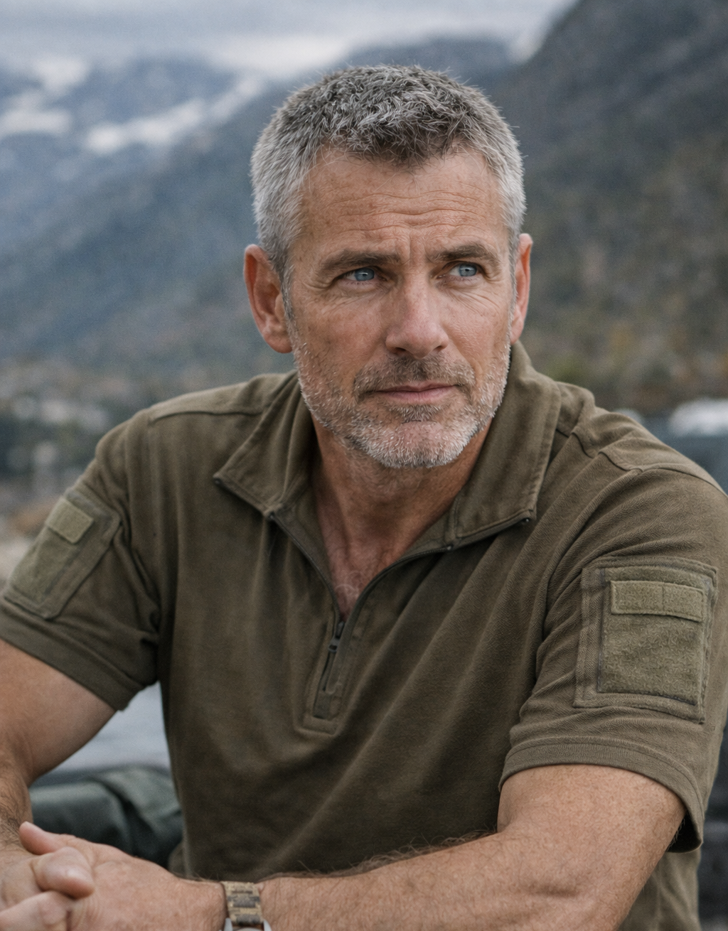 A man in his mid-fifties, outside, green shirt, short grey hair, fit