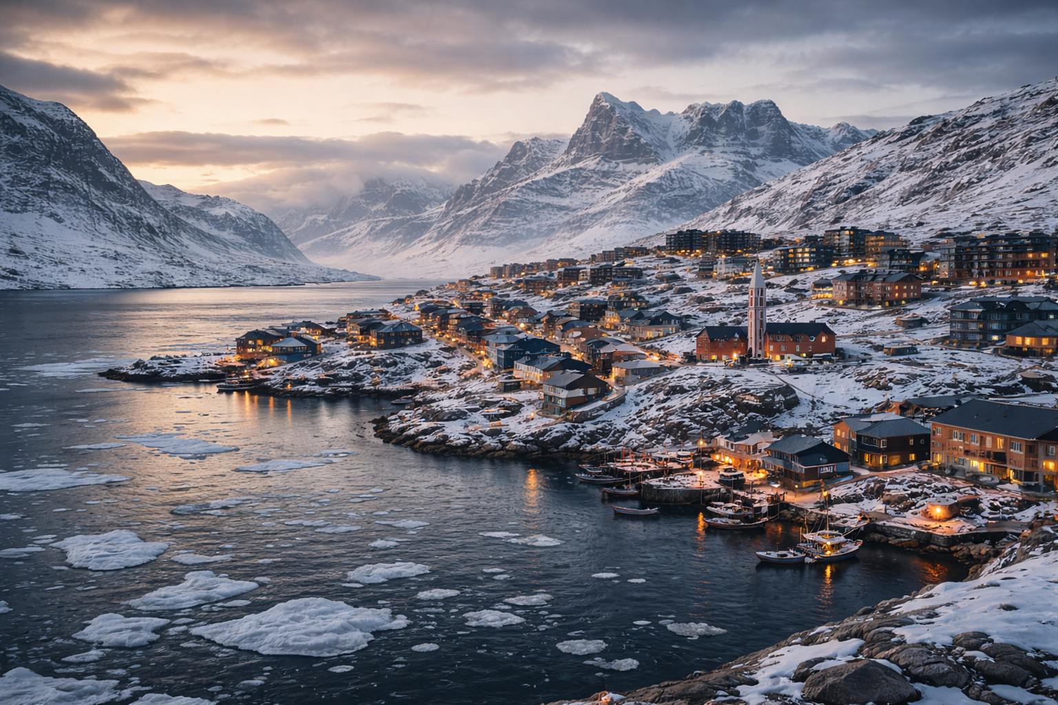 A small arctic city on a harbour. There are ice floats in the bay. Mountains in the background