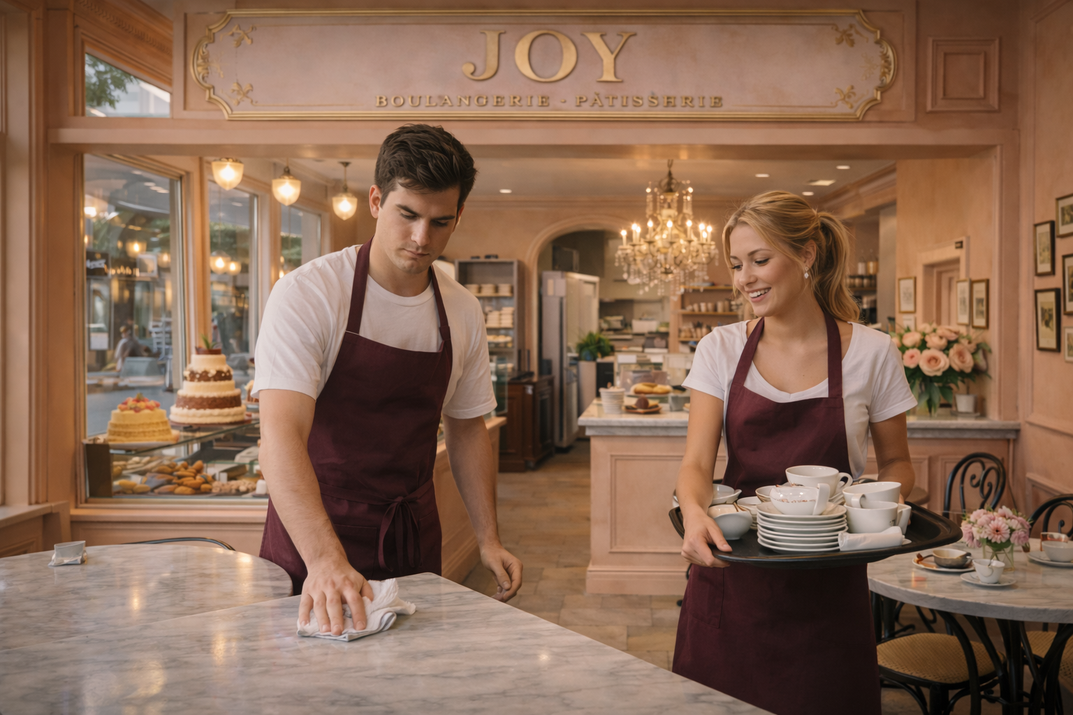 A male and female employee cleaning up at the bakery