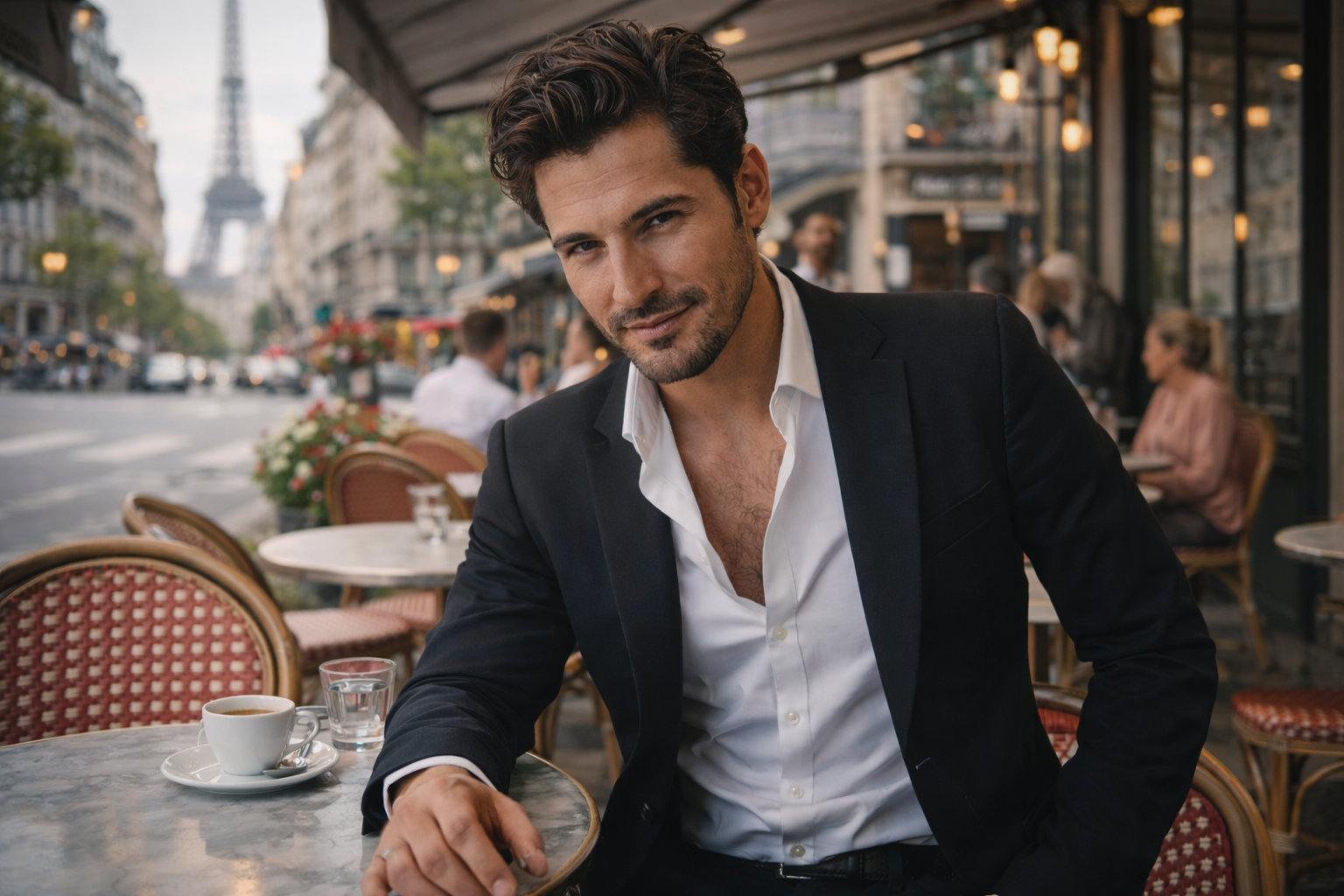 a good looking Gallic man sitting at a cafe table in Paris. He is wearing a dark suit jacket and an open white button down shirt