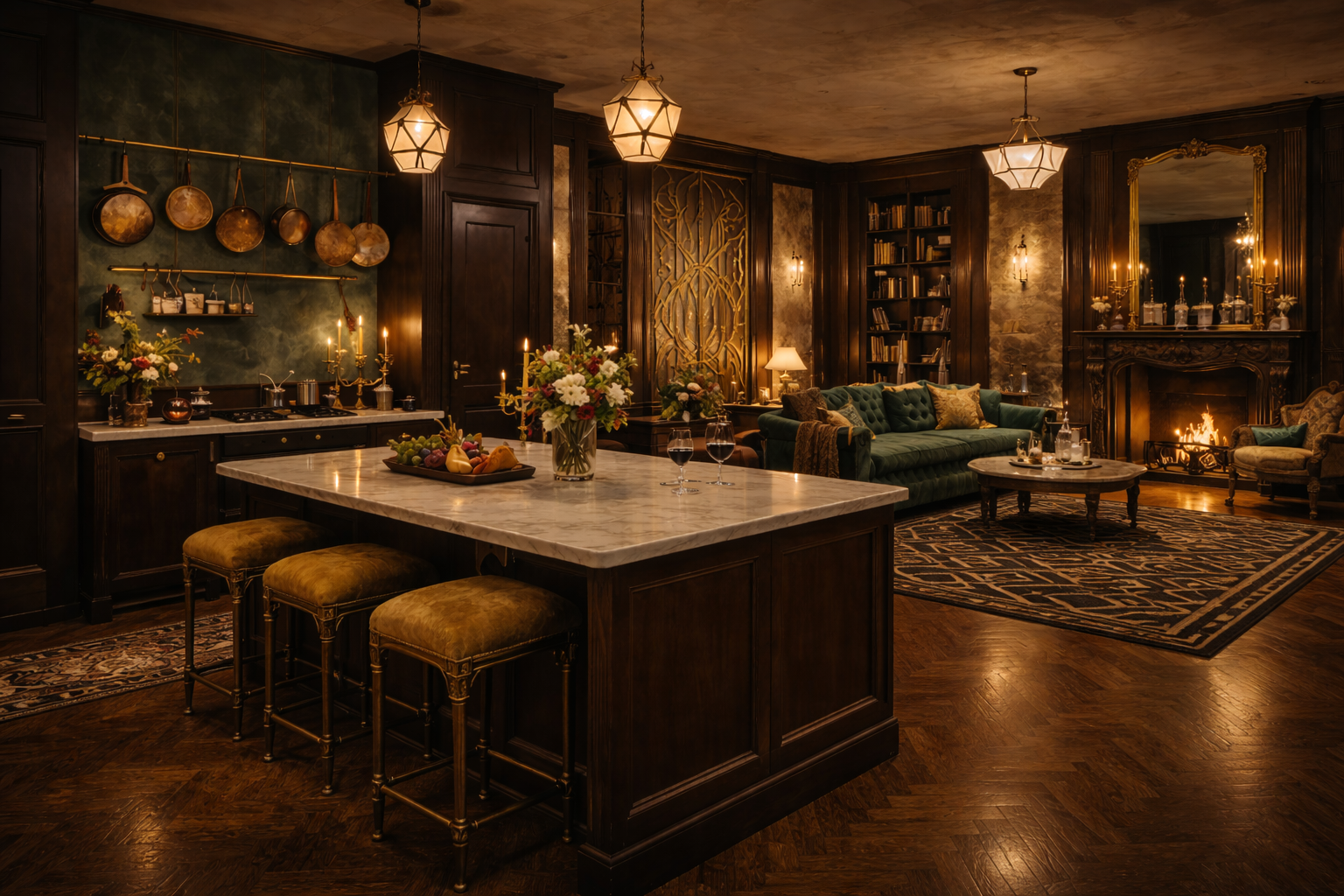 a luxurious apartment, candlelit, large kitchen island