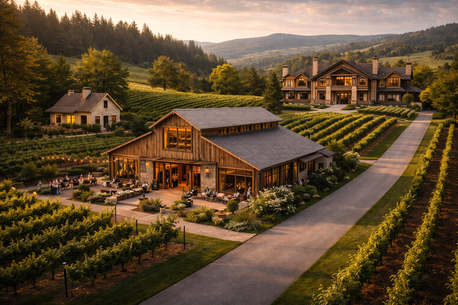Ward Wineries, a barn that doubles as a tasting center, a log timber house in the background and rows of vines