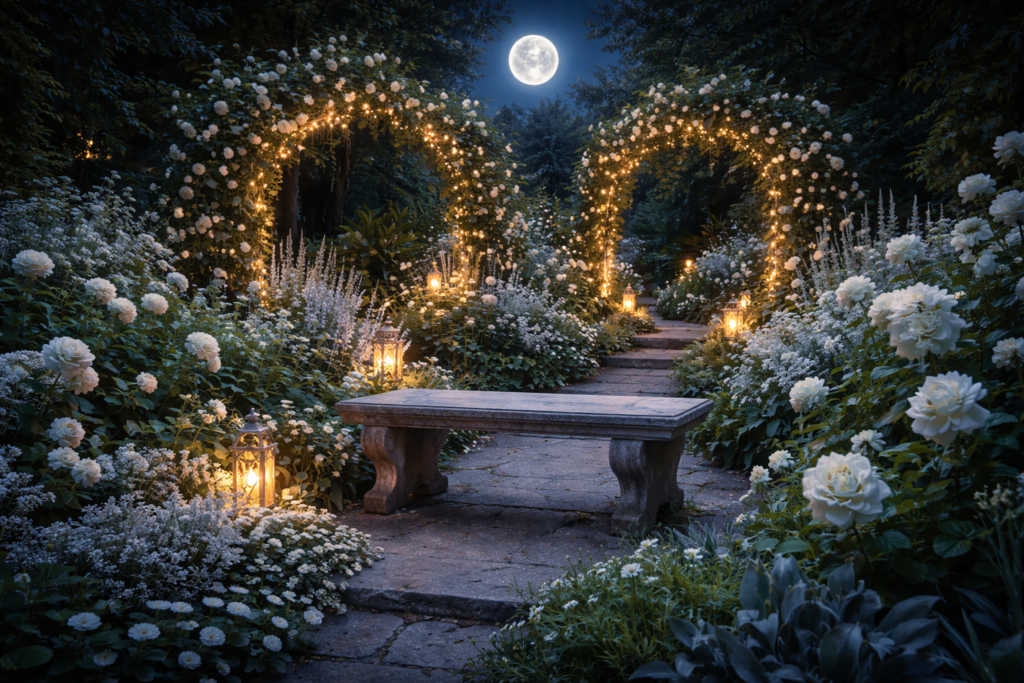 Moon garden, white flowers, moon in the sky, candles