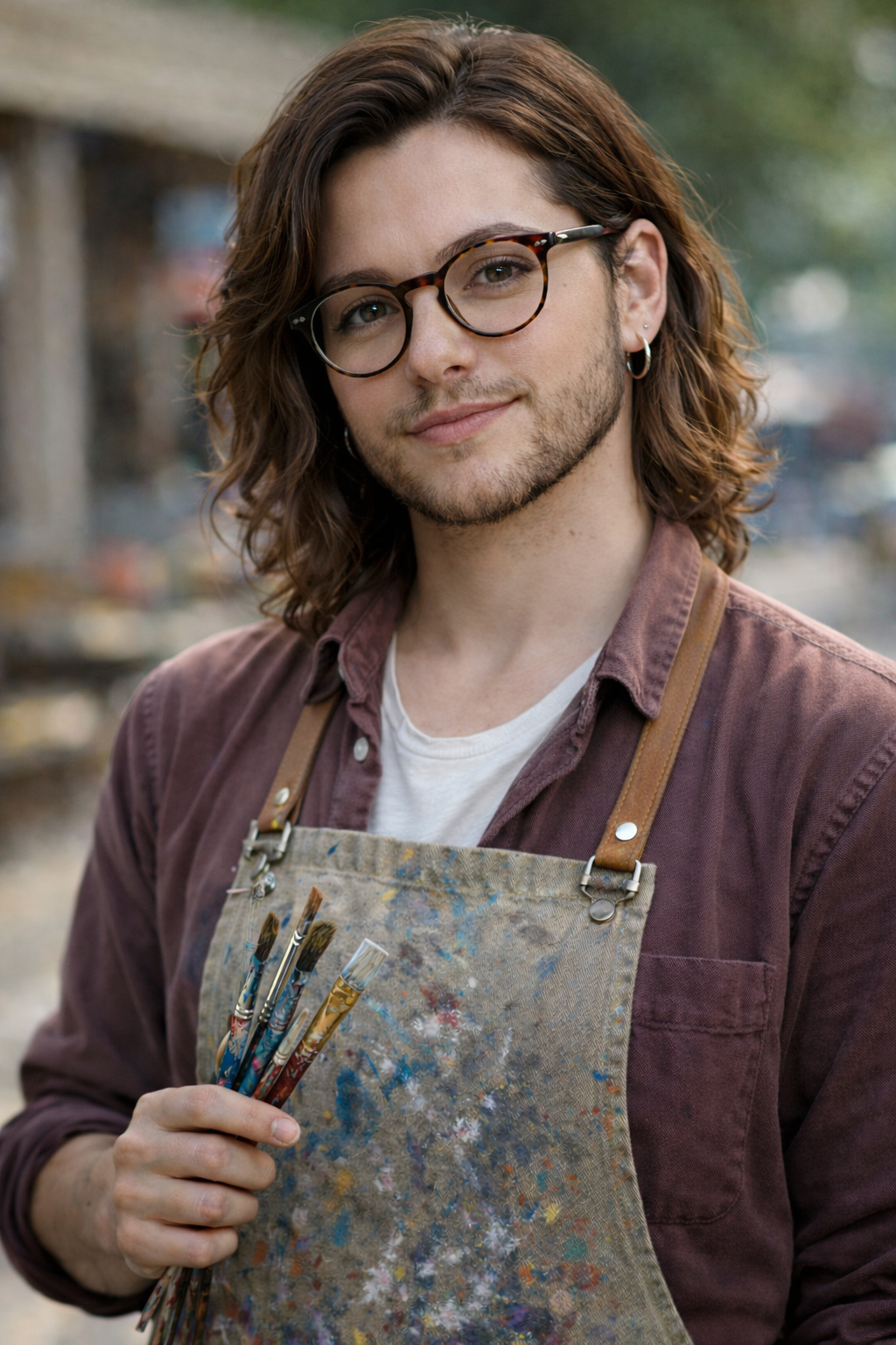 a scruffy man, longer hair, glasses, wearing a paint stained apron, holding some paintbrushes