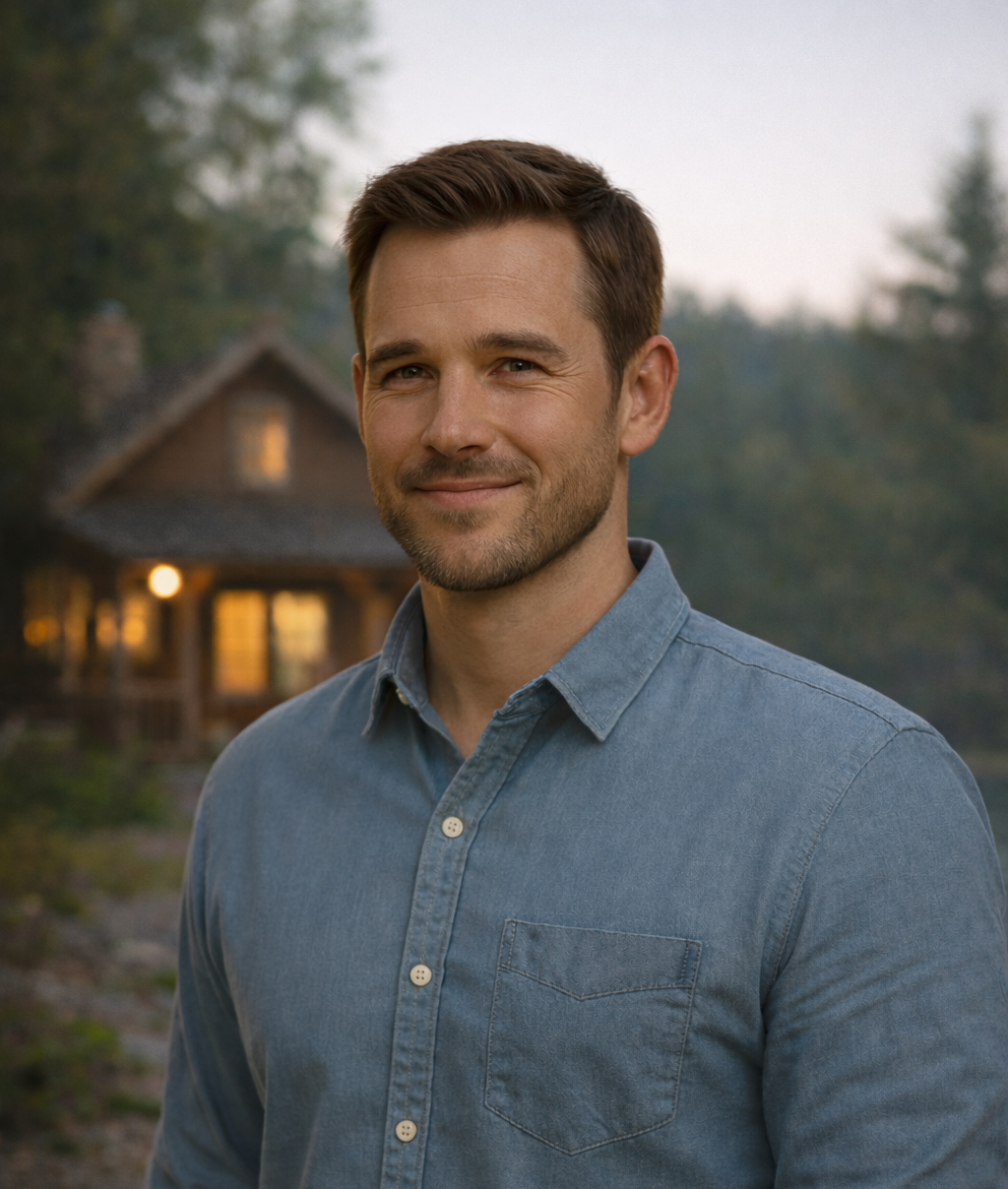 A man around 30 in a button down shirt giving off dad vibes. He is standing in front of a cottage.