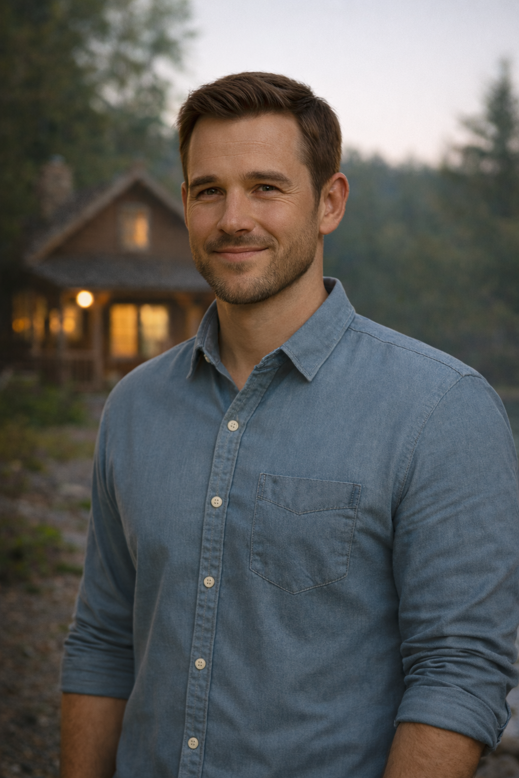 A man around 30 in a button down shirt giving off dad vibes. He is standing in front of a cottage.