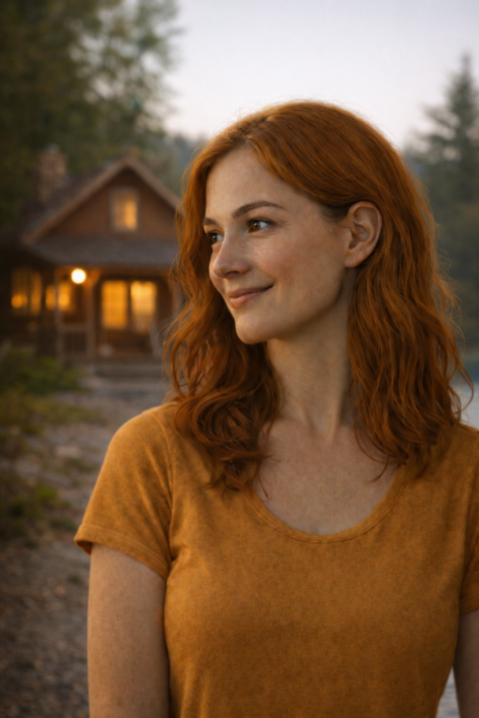 A woman in her late 20s, wearing an orange shirt. She has reddish hair, is smiling and looking over at something. She is standing in front of a cottage