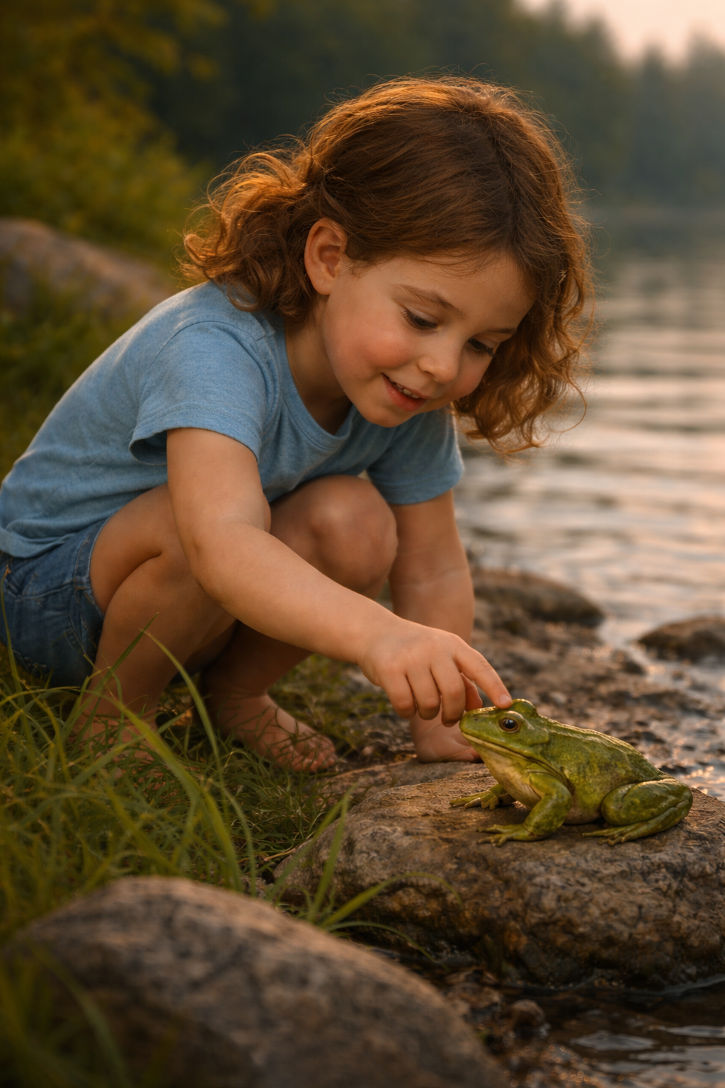 A young girl wearing a blue shirt by a lake. She is leaning over and touching a frog