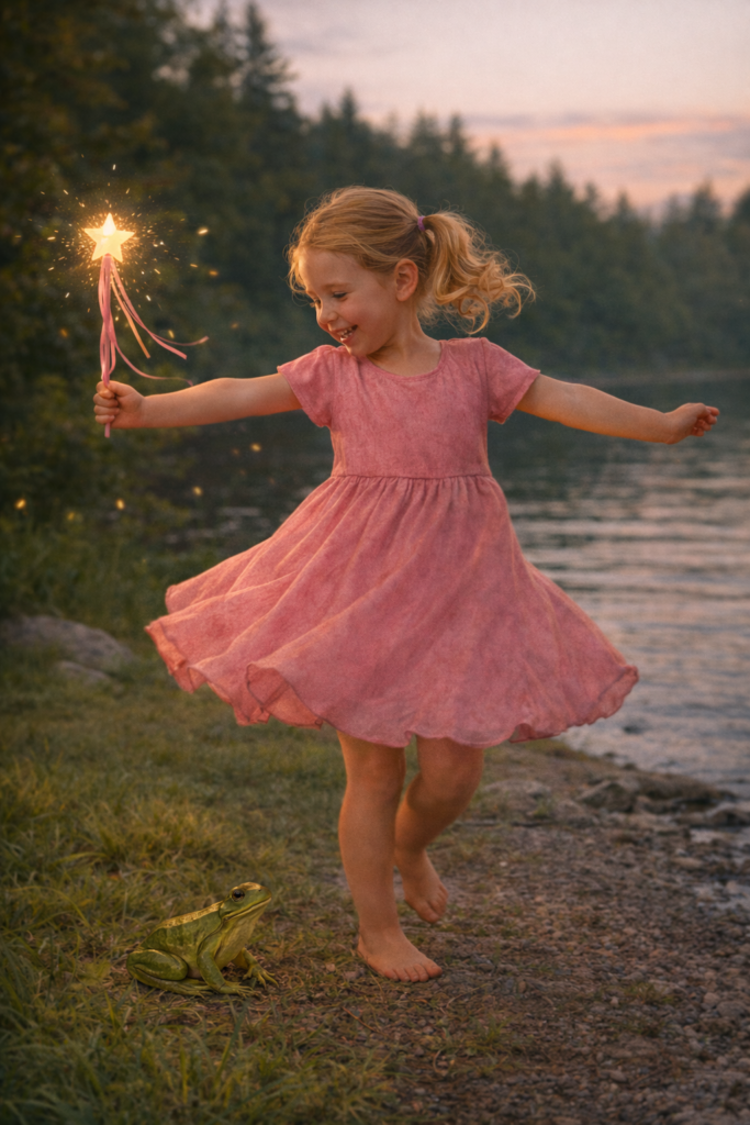 A young girl in a pink dress by a lake. She is twirling with a glowing wand and there is a frog by her feet