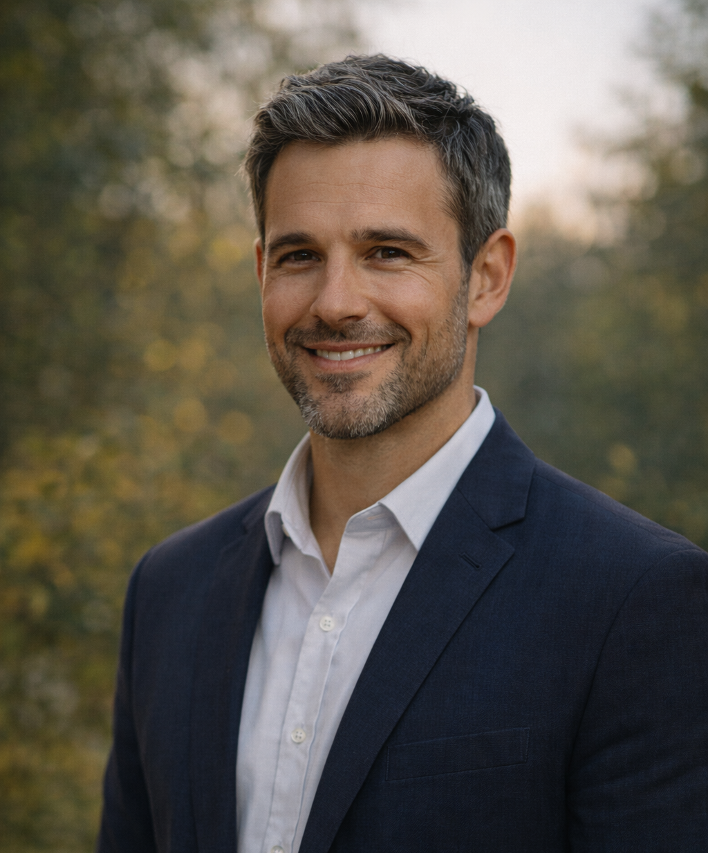 A good looking man in a sports jacket, a button down and outside