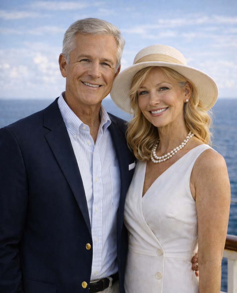 An older couple, he is in a blue sports coat, a button down shirt and tan slacks, she is in a sunhat, white pearls and a white dress. Well dress, affluent, pleasant