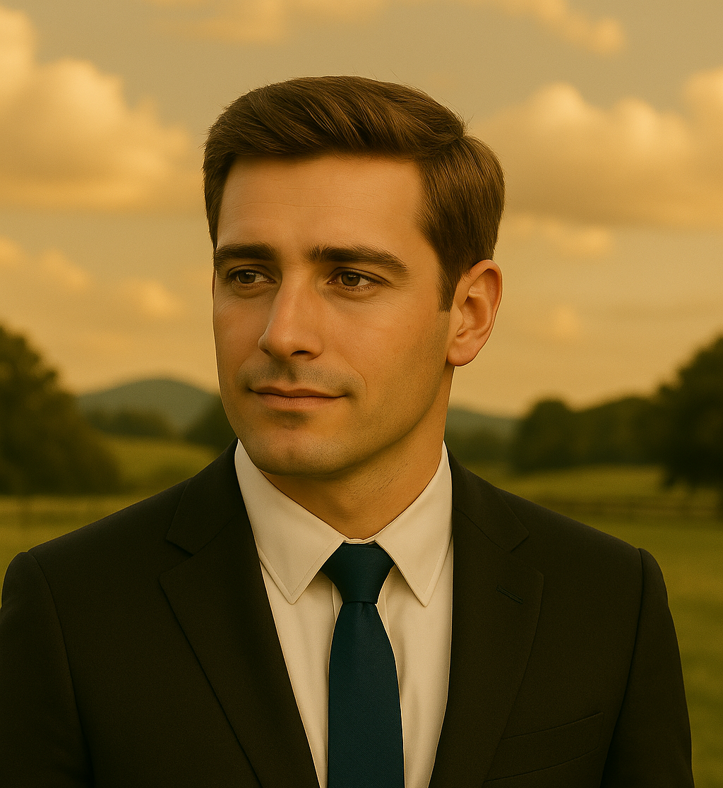 A man in a suite standing outside. Dark hair, kind face