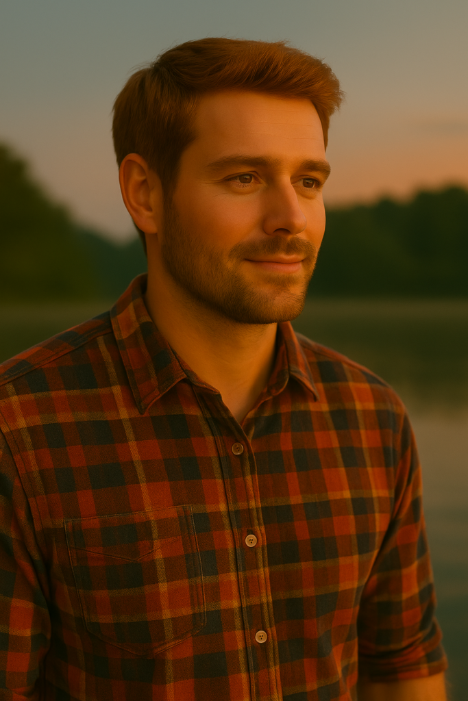 a early 30s man, unshaven, in a flannel shirt.