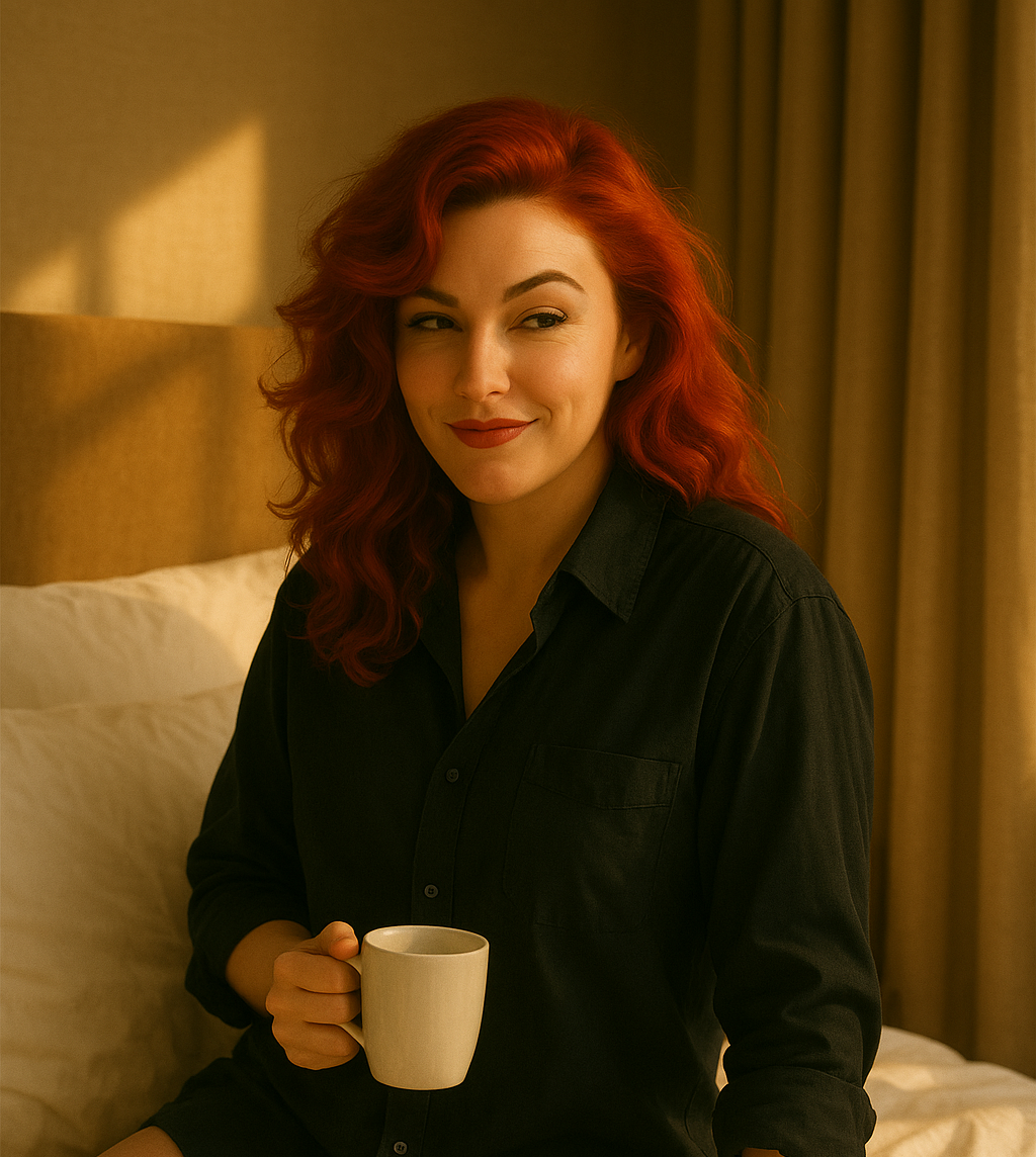 A woman with red hair, wearing a black button down shirt, sitting in a bed drinking coffee