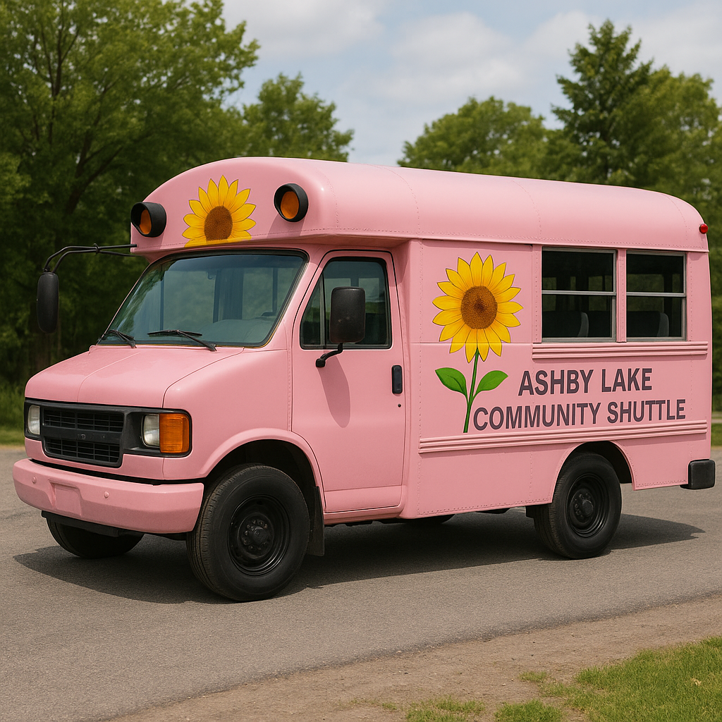 a pink short school bus
