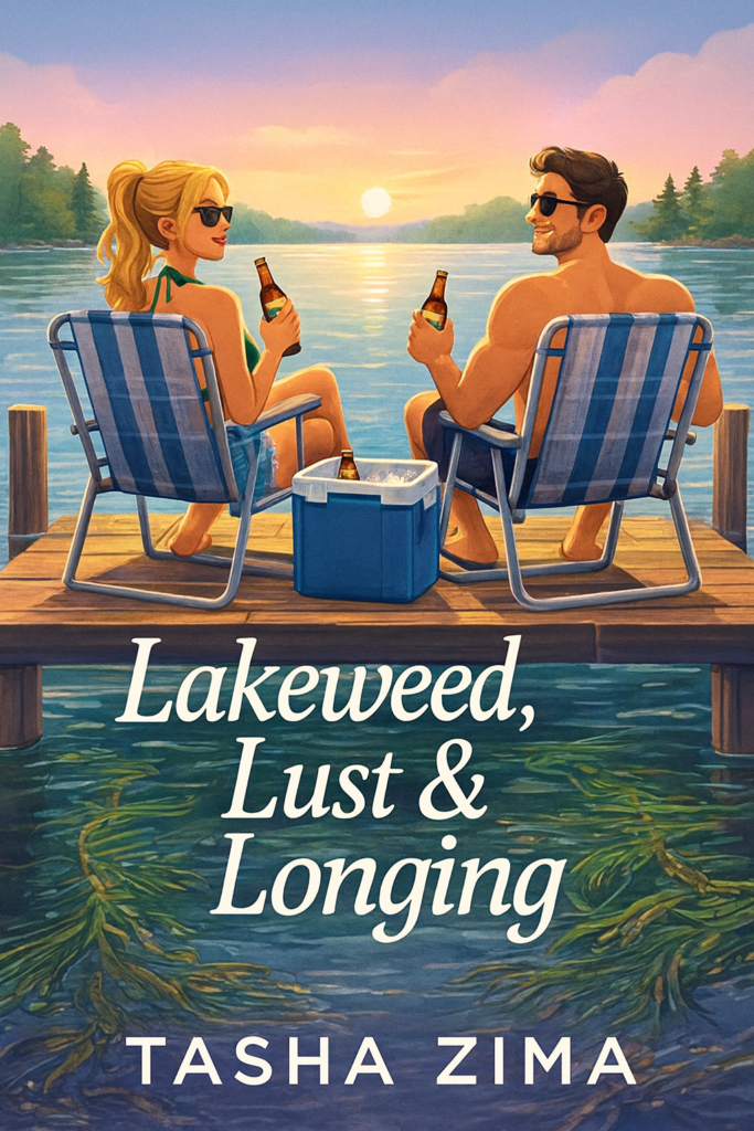 Book cover showing a young couple sitting on a dock drinking beer and looking at the sunset.