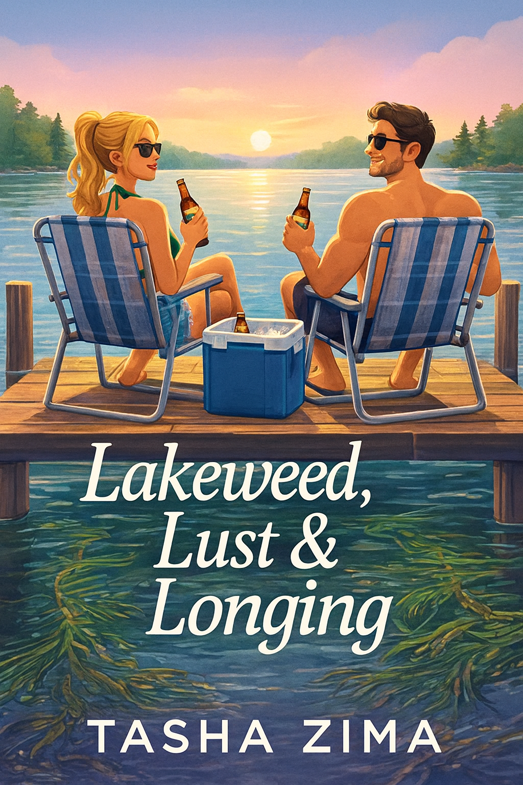 Book cover showing a young couple sitting on a dock drinking beer and looking at the sunset.