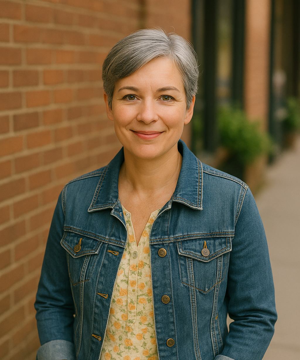 A woman in her late 50s, jean jacket, short grey hair, hands in her jean pockets. Smiling at the camera