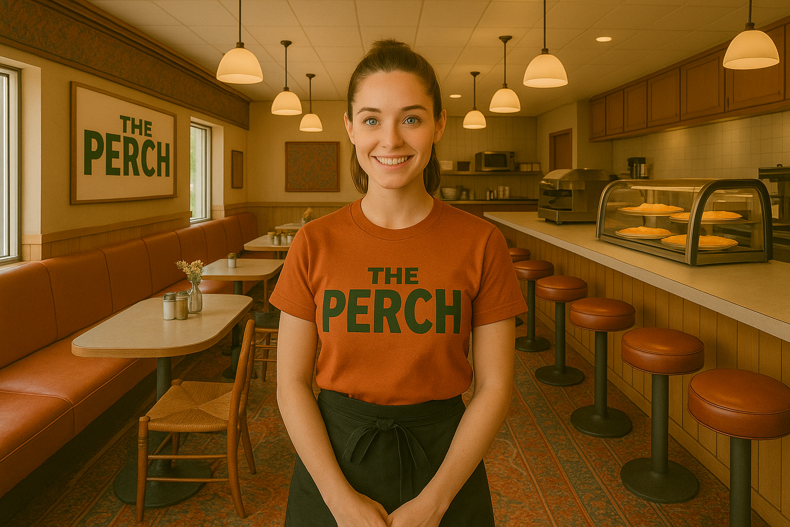 A young brunette, pretty wearing an rust coloured t-shirt. It says The Perch on it. She is dressed as a server.