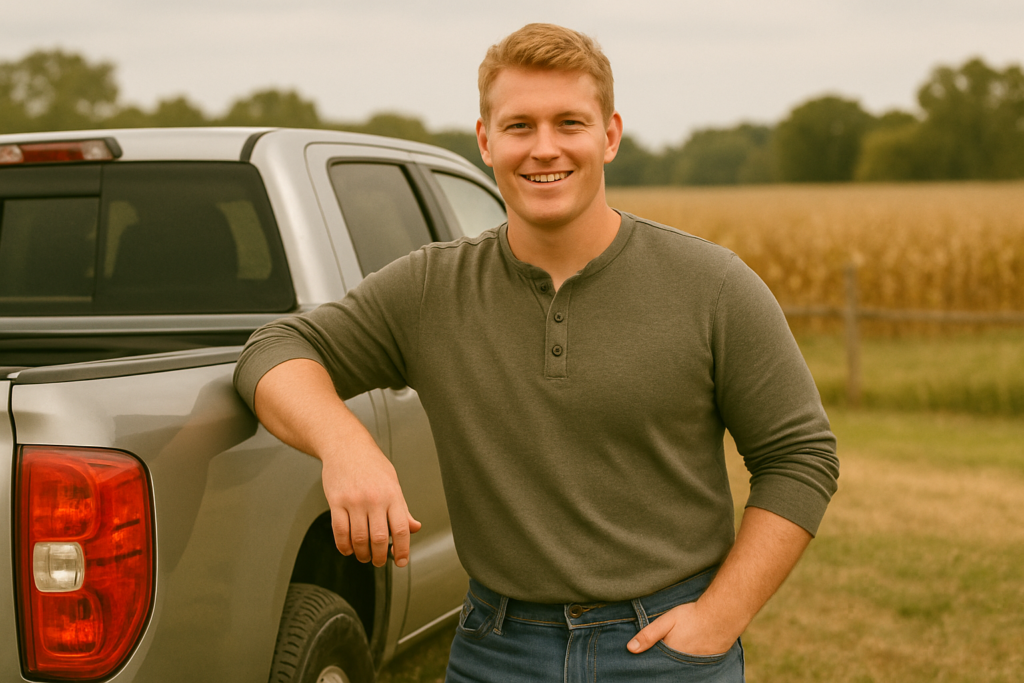 Chris Kelly standing beside a pickup truck in a field at Kelly Farm