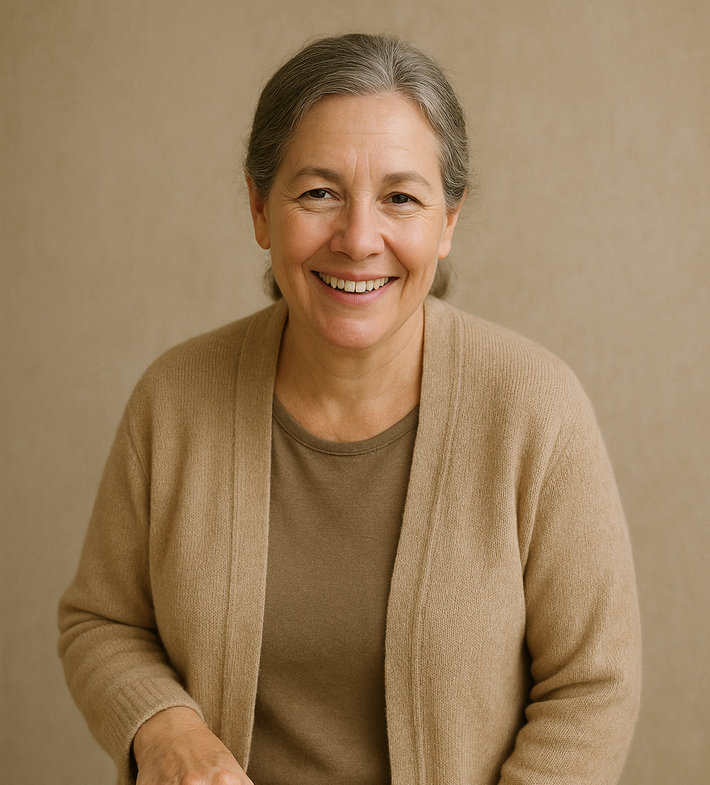 A woman in her sixties, beige sweater, t-shirt, smiling