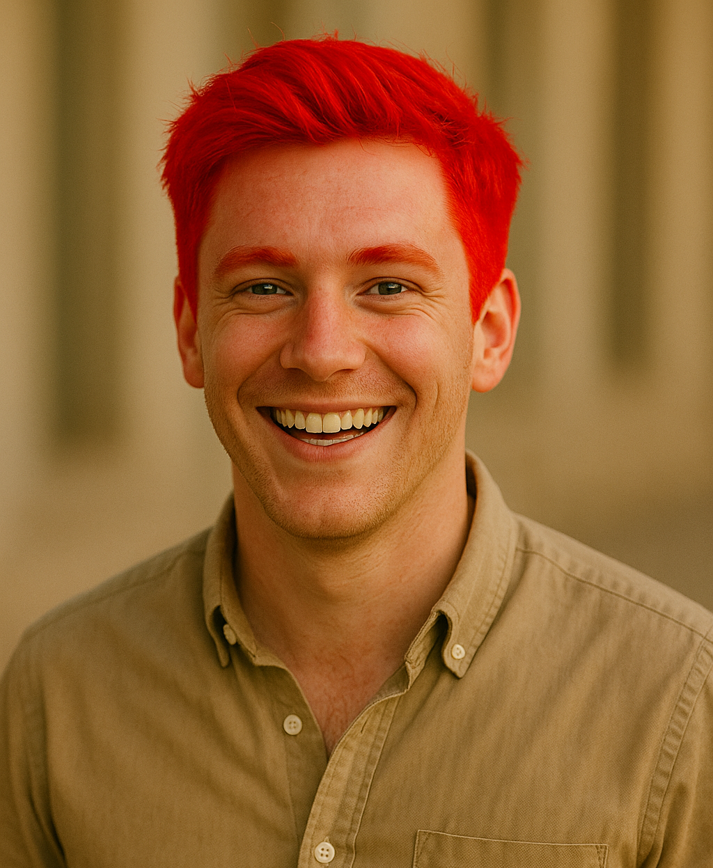 A man in his late twenties. Bright red hair and a big smile