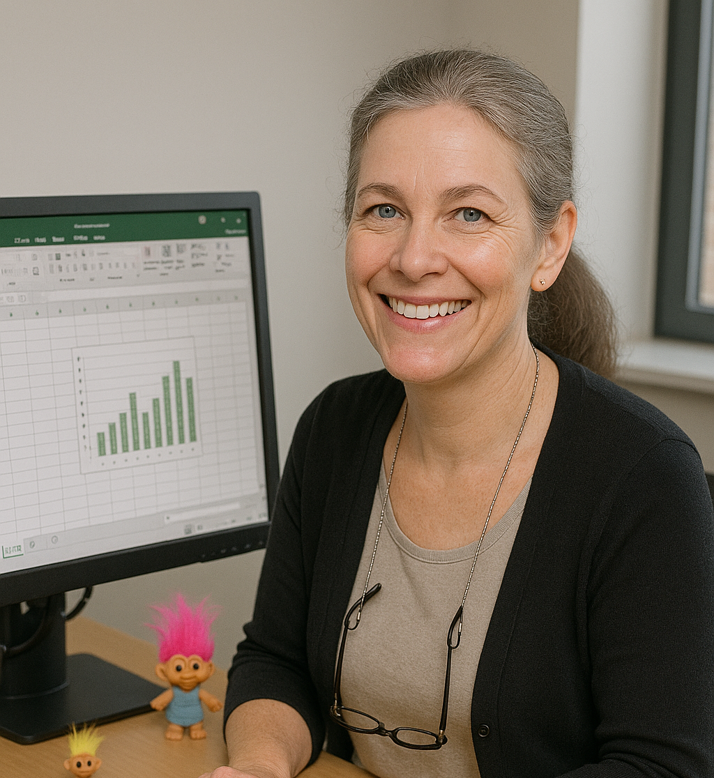 A woman in her 40s typing on a keyboard. She is smiling. Her hair is tied back and she is wearing a cardigan and a nice blouse