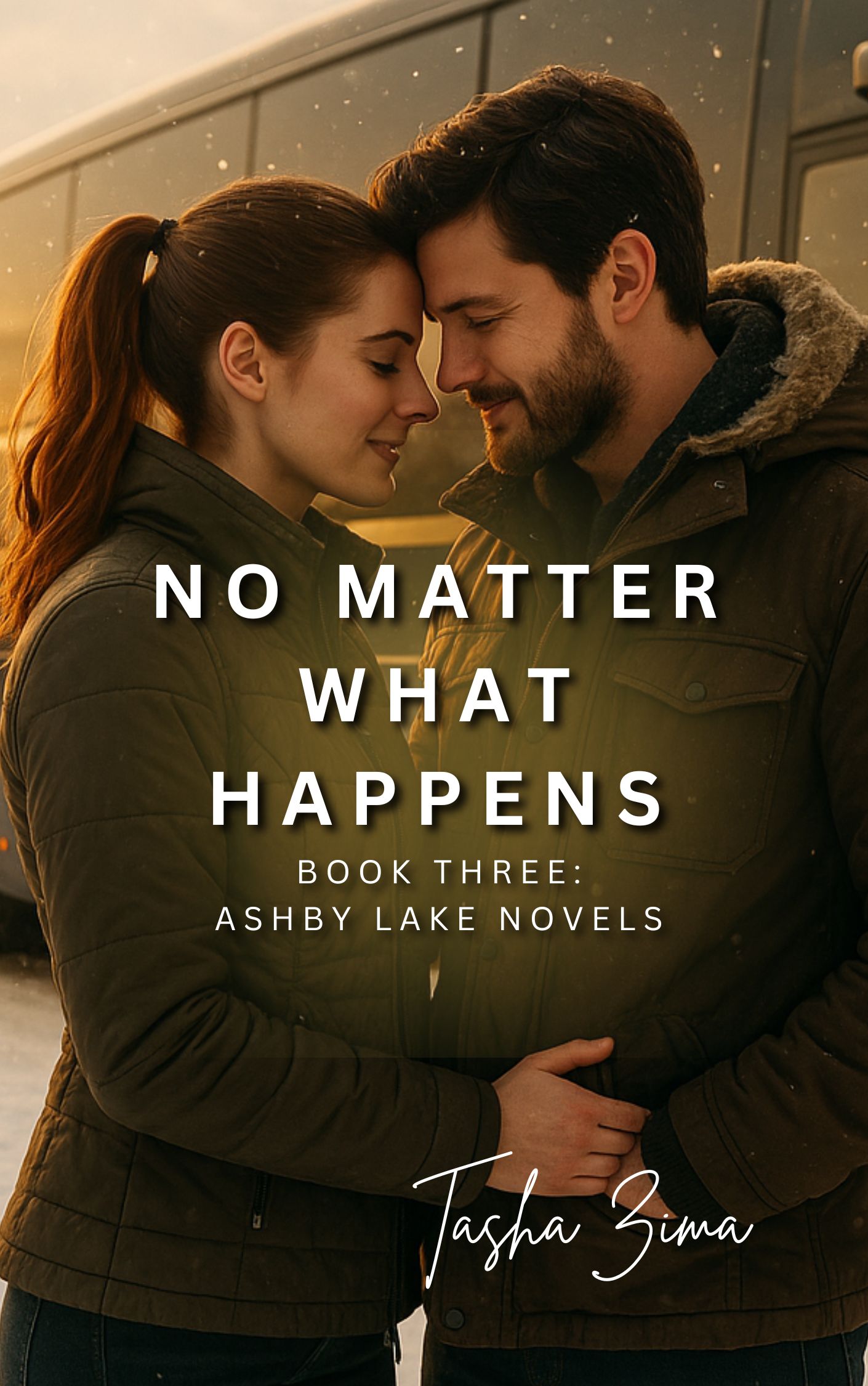 No Matter What Happens book cover showing Katie and Bennett almost kissing beside a tour bus in winter