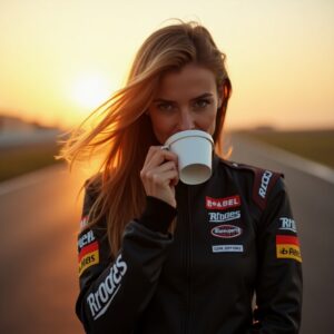 a young woman drinking coffee. She is standing on a road at sunset, long blond hair flowing in the wind and she is wearing a racing jacket