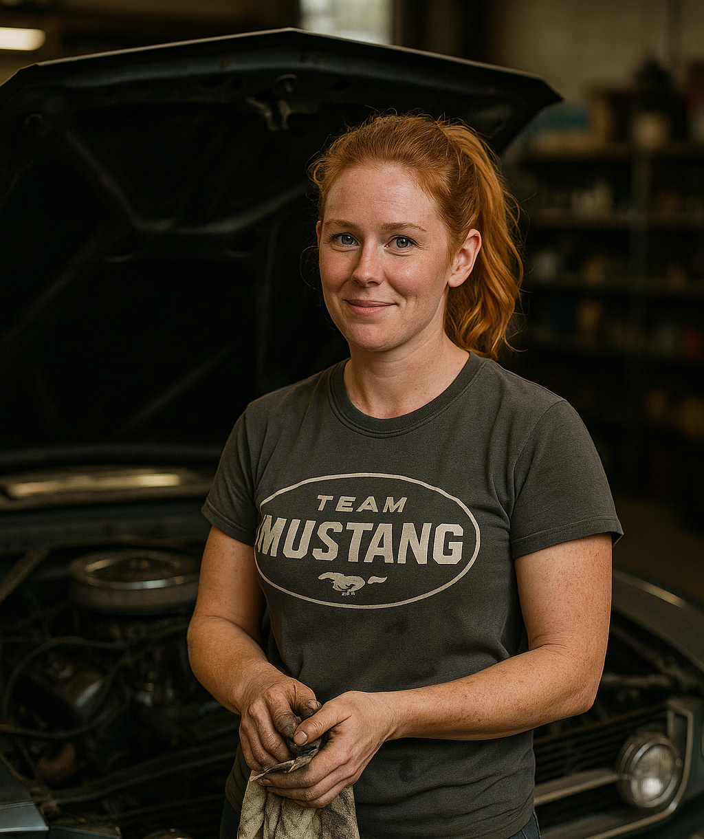 A young woman, holding a greasy rag, car with hood open behind her. Pretty, hard working vibe. Wearing an old t-shirt and jeans.