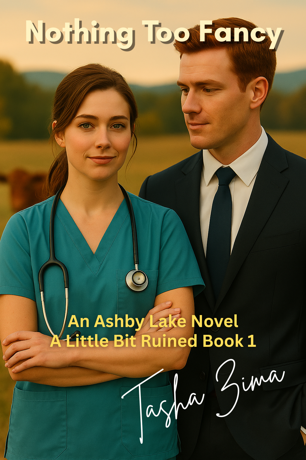 A book cover of Nothing Too Fancy, a woman dressed in scrubs, armed crossed in front standing with a man in a farm field. The man is dressed in a suit and looking at her