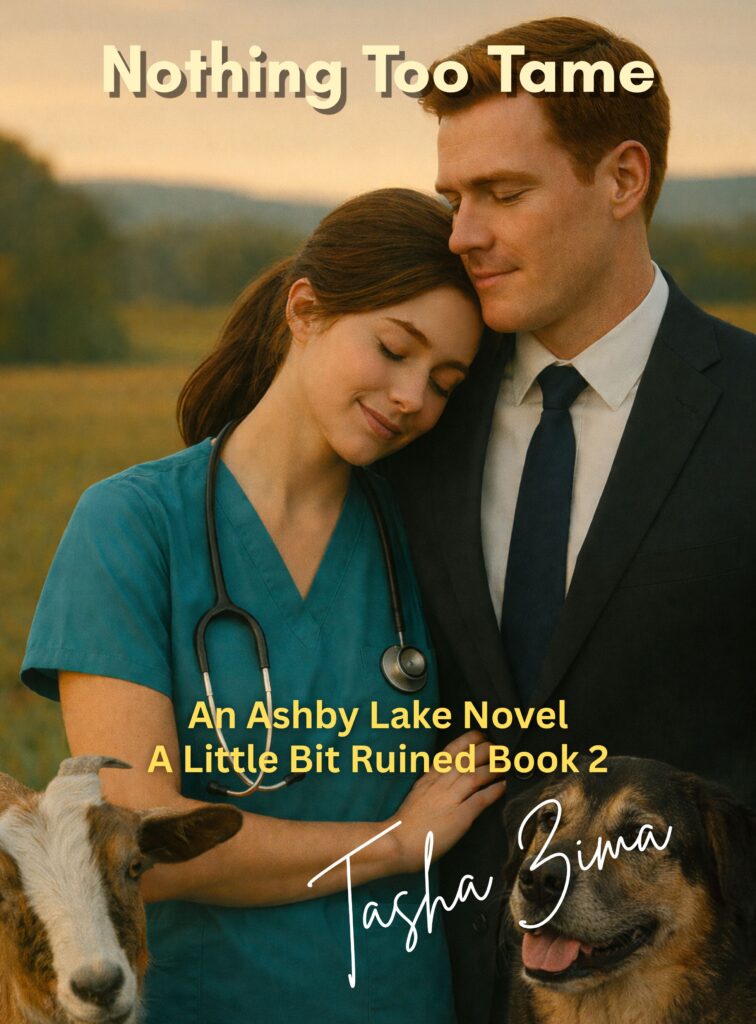 A woman in scrubs is leaning against a man in a suit. They are standing in a farm field. There is goat and a dog in the cover as well.