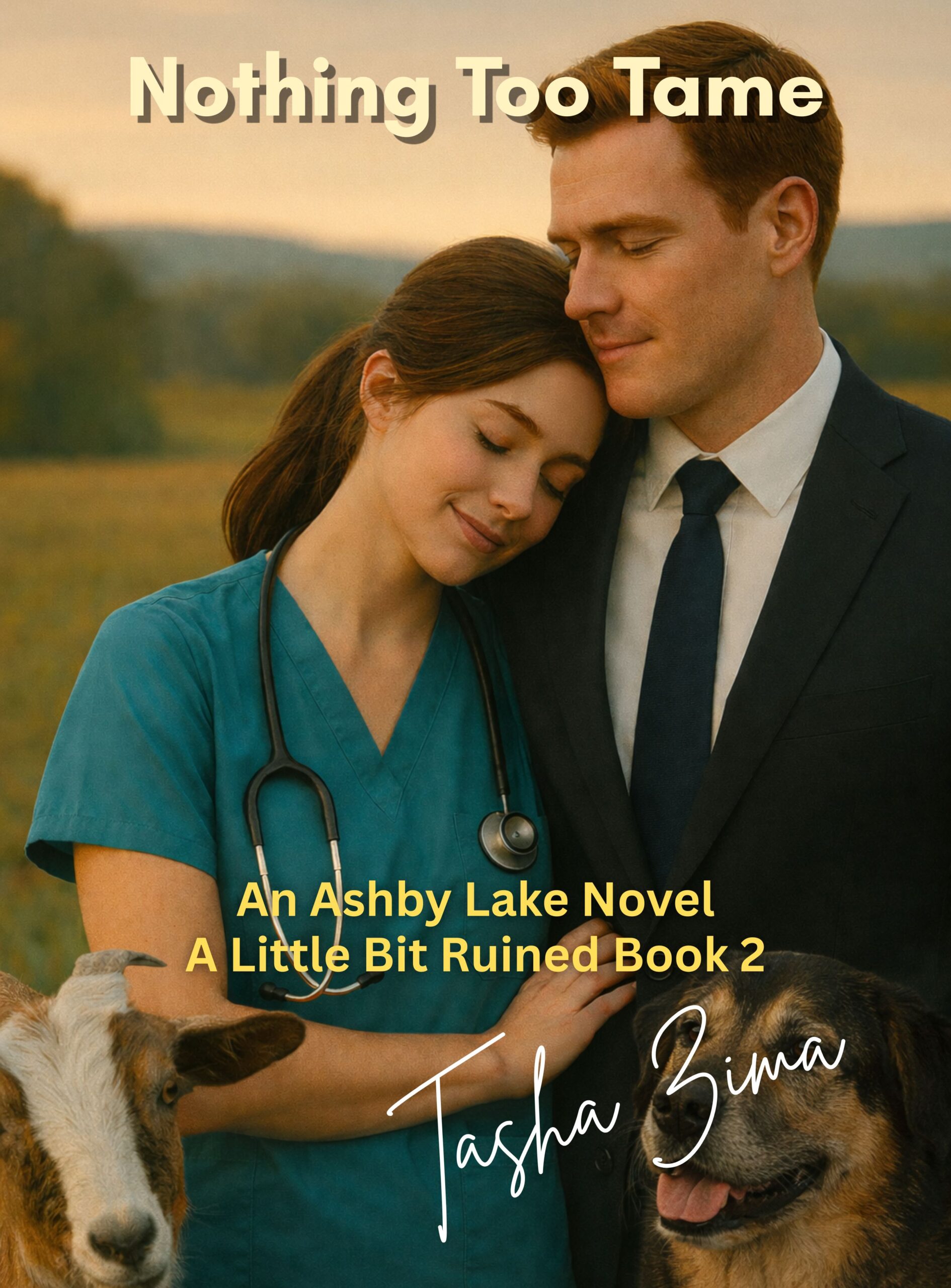 Nothing Too Tame book cover featuring veterinarian Erin Kelly and Adrian Blake in an Ashby Lake farm field with a dog and goat