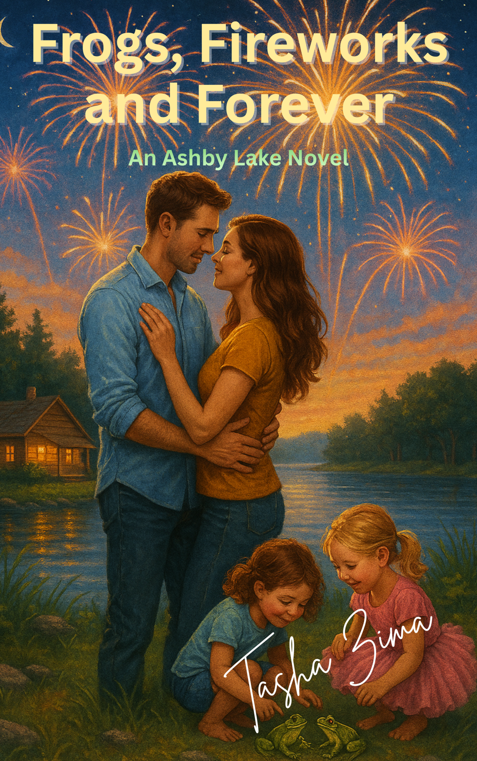 Book cover of Frogs, Fireworks and Forever. A couple embracing, illustrated style, there are two young girls playing with frogs in the foreground. In the background there is a lake and there are fireworks going off in the sky.
