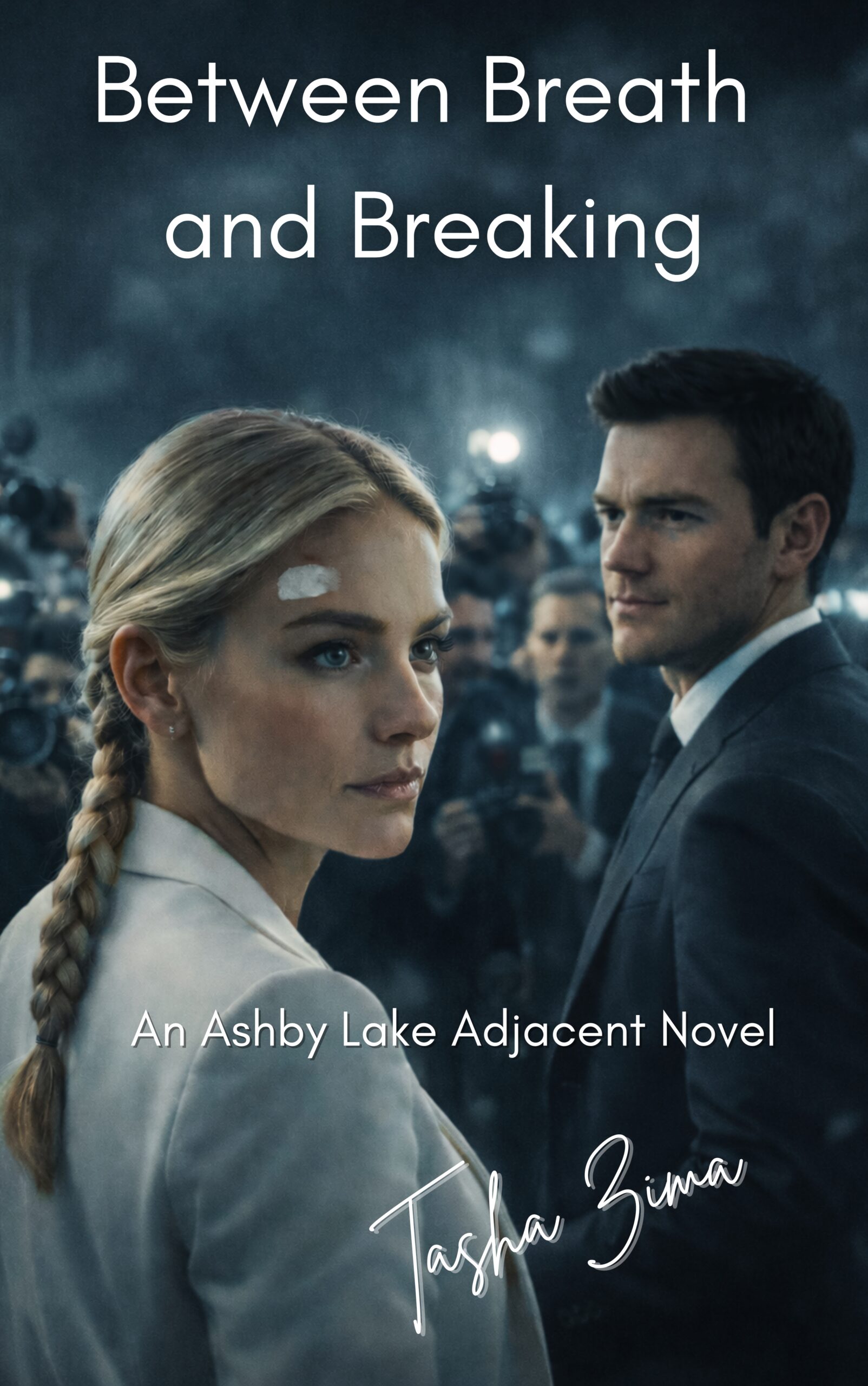 Book cover for Between Breath and Breaking, a blond woman in a a suit looking towards the audience, a man in a suit looking at her, a crowd of reporters in the background