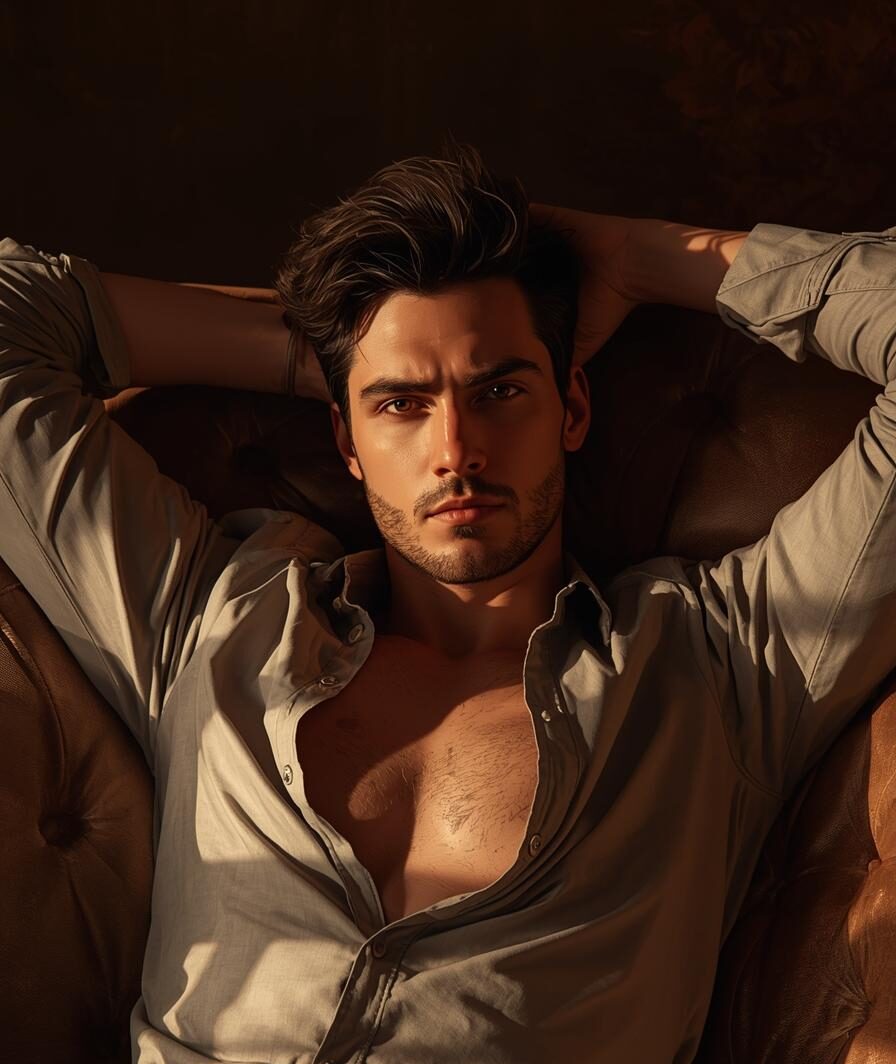 a man reclining with a half opened shirt