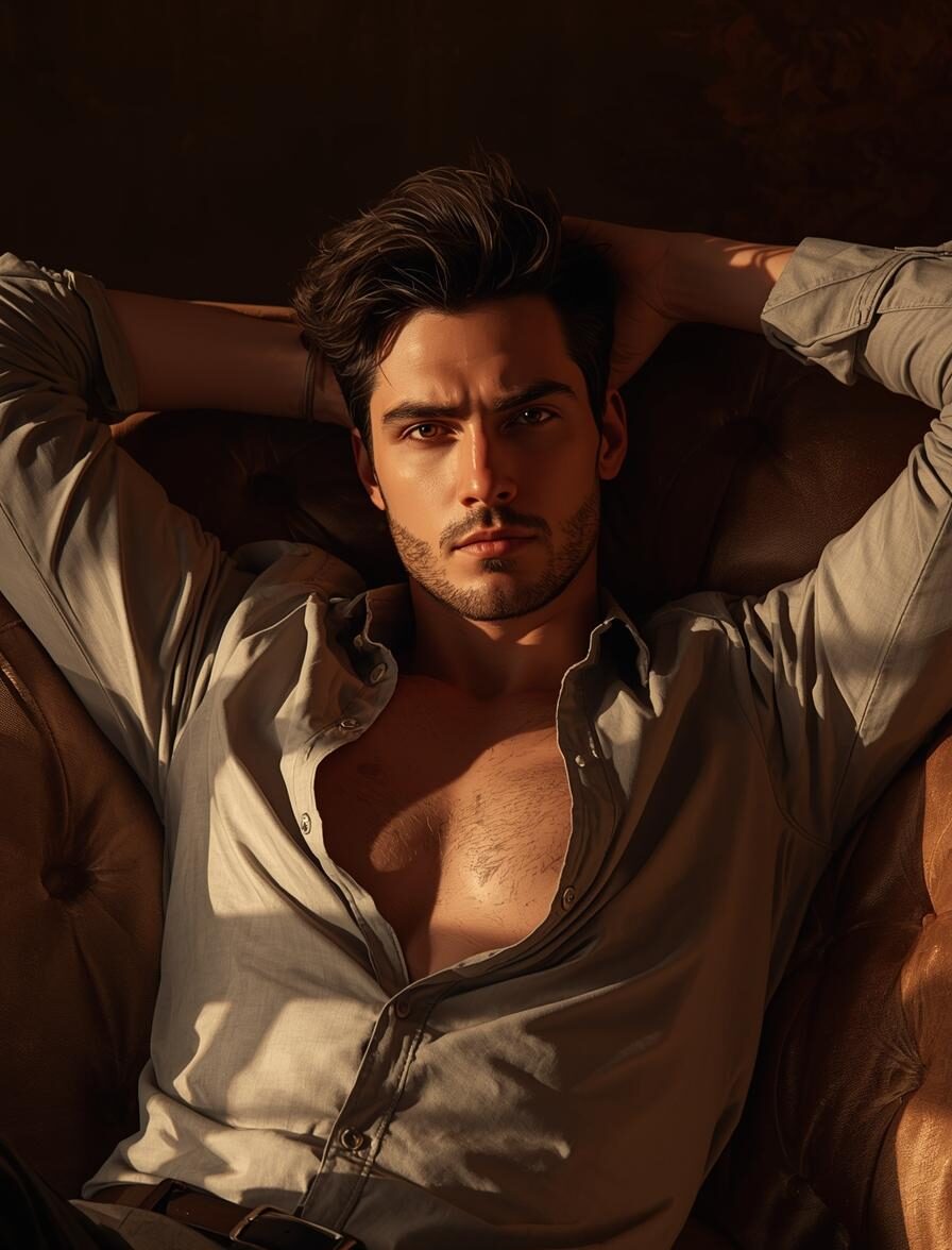 A man reclining in half shade. He has dark hair, his arms are over his head and his shirt is open.