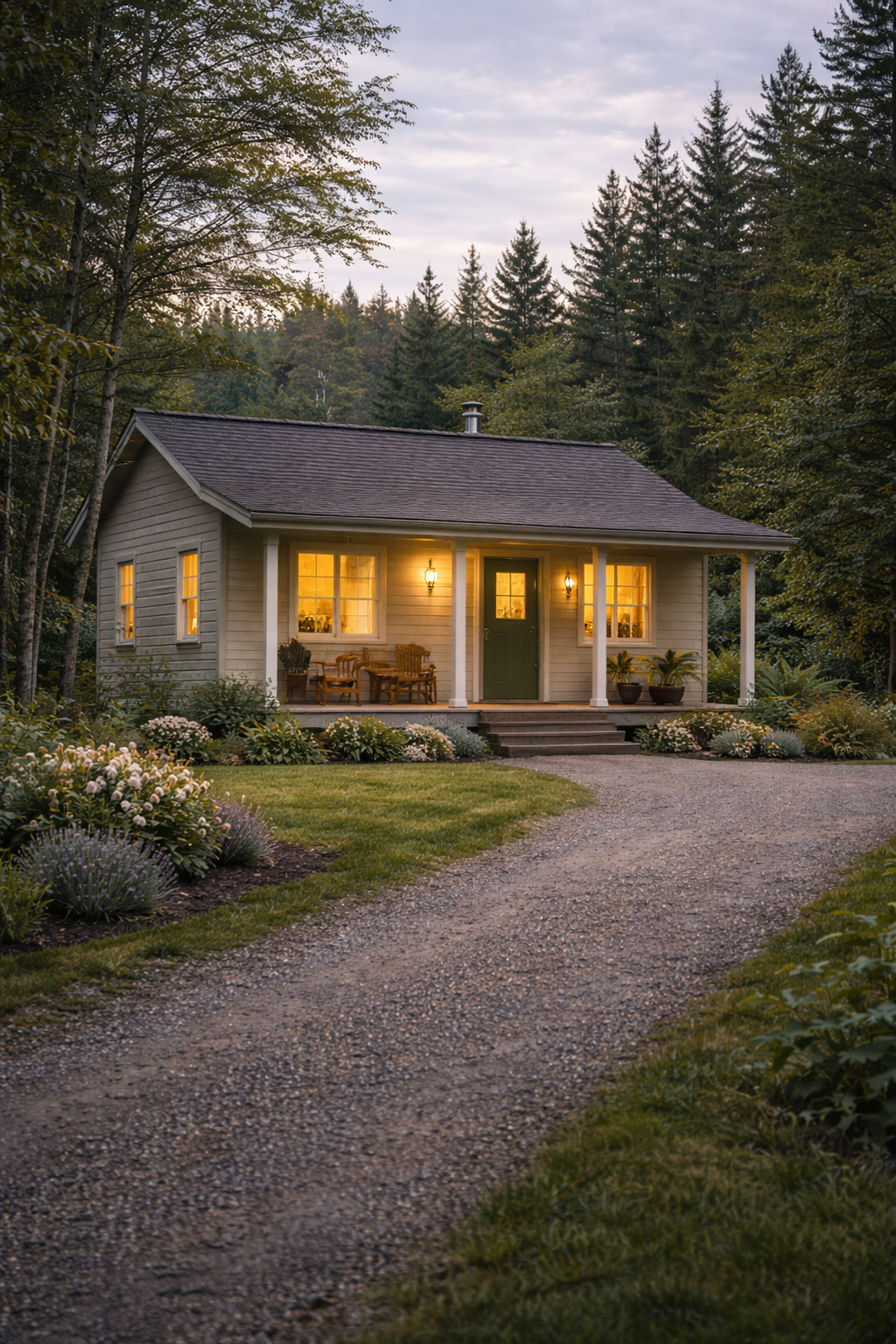 A small cottage with a gravel driveway