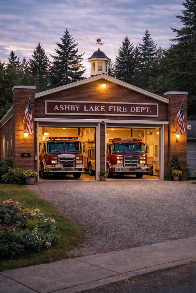 A firehall with two garages and two fire engines. Very small town pride look to it