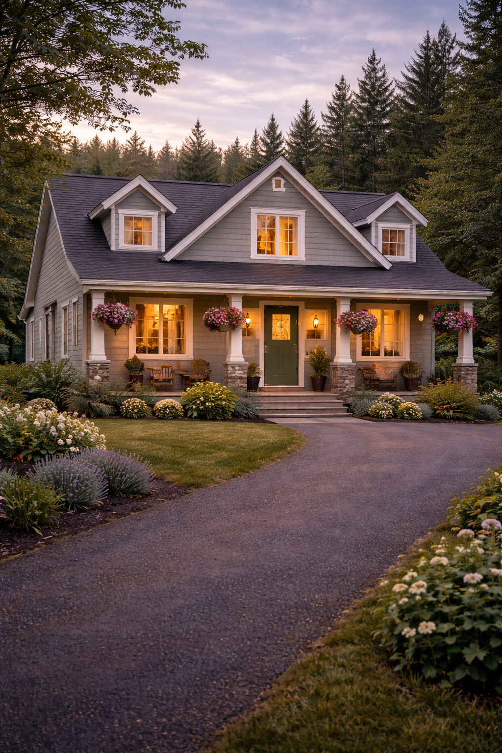 A two-storey house with dormer windows, hanging flower baskets and a paved driveway. It is lit at sunset and very inviting