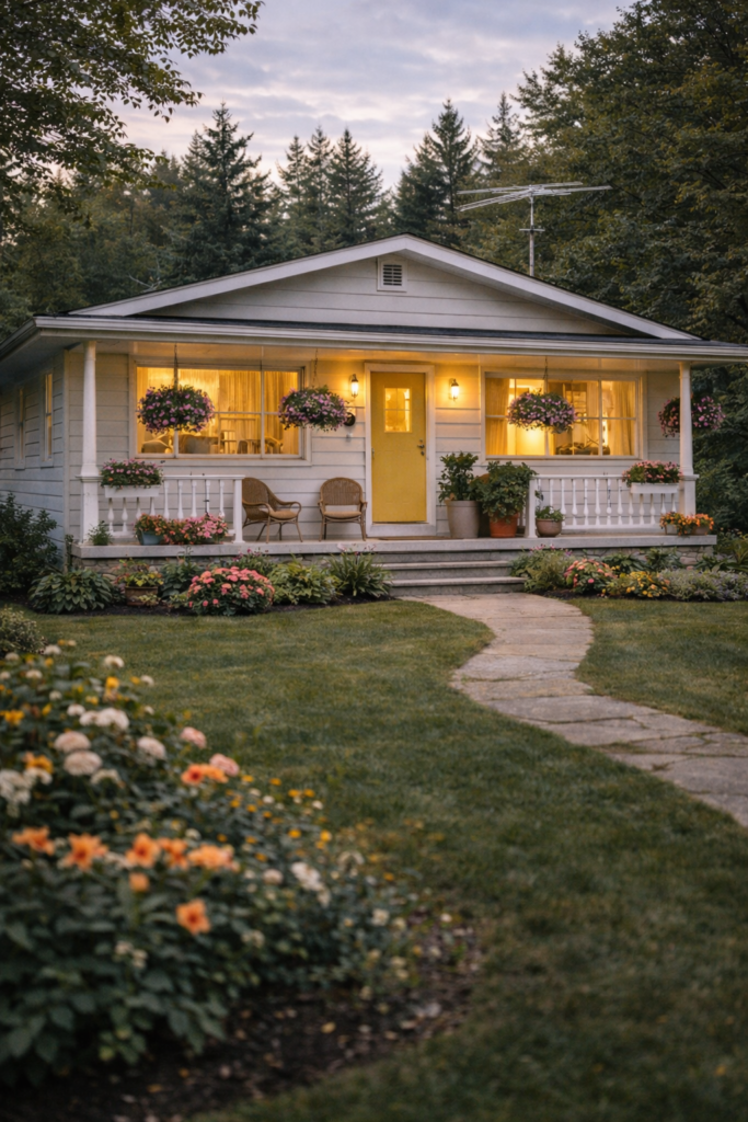A pretty white bungalow with a well manicured lawn, a pathway and hanging flower baskets