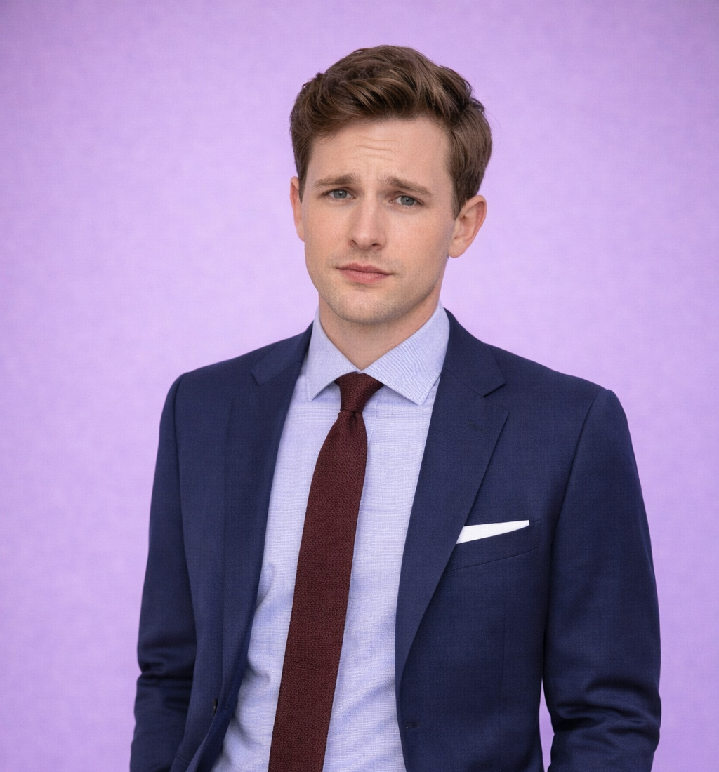 A concerned man in his late 20s. Wearing a blue sports jacket, a tie and light tan pants.