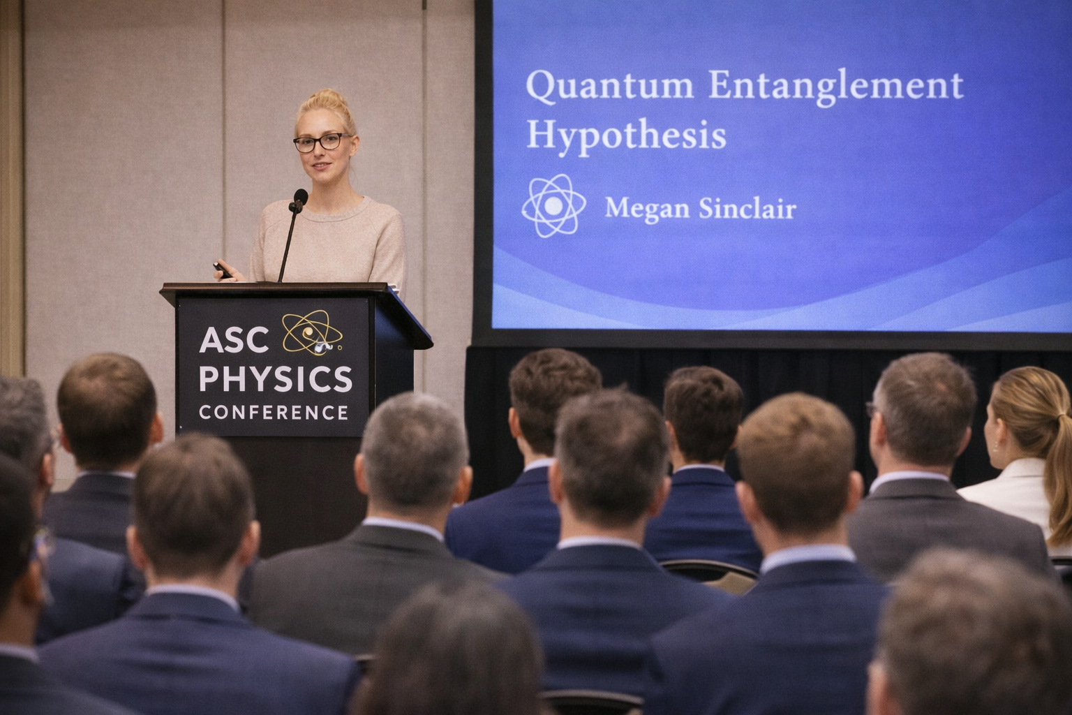 Megan giving a talk in front of a crowd