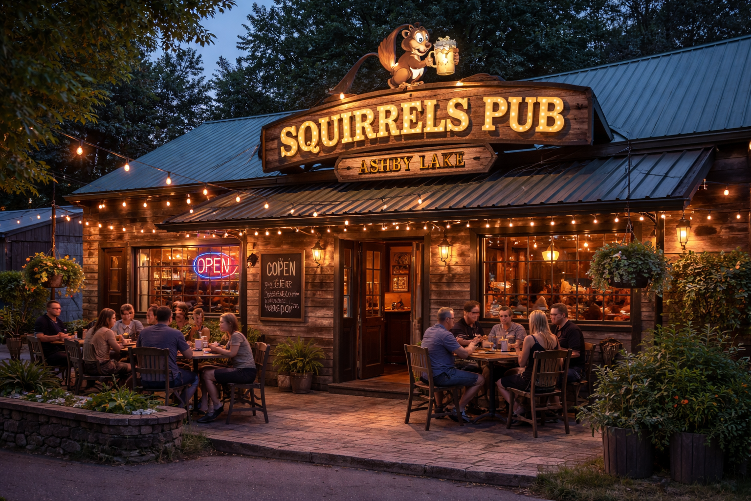 Squirrel pub in Ashby Lake with crowded tables out front