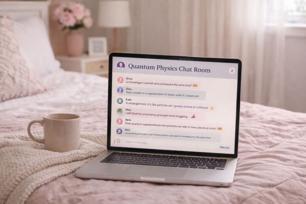 A laptop on a feminine bed, open to a chat space. The chat is Quantum Theory
