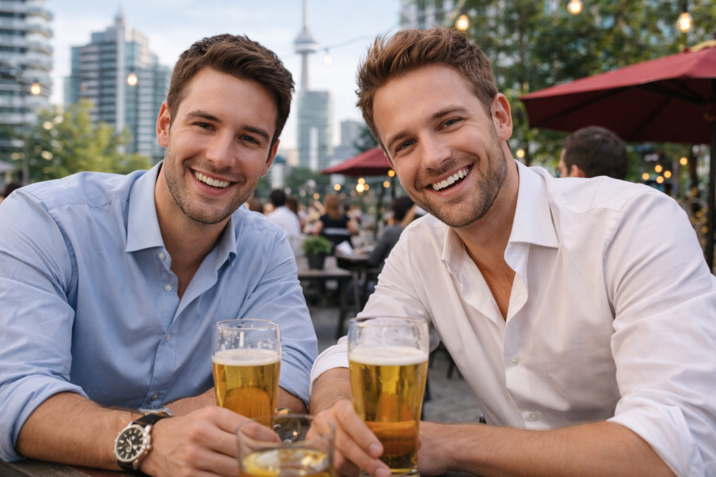 Two friendly men in button downs drinking beer on a patio