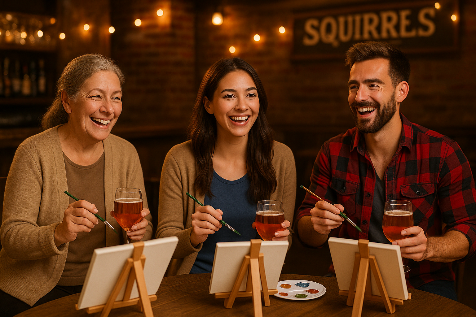Friends enjoying Paint n' Sip Sunday with easels and drinks at Squirrels Pub in fictional Ashby Lake, Ontario
