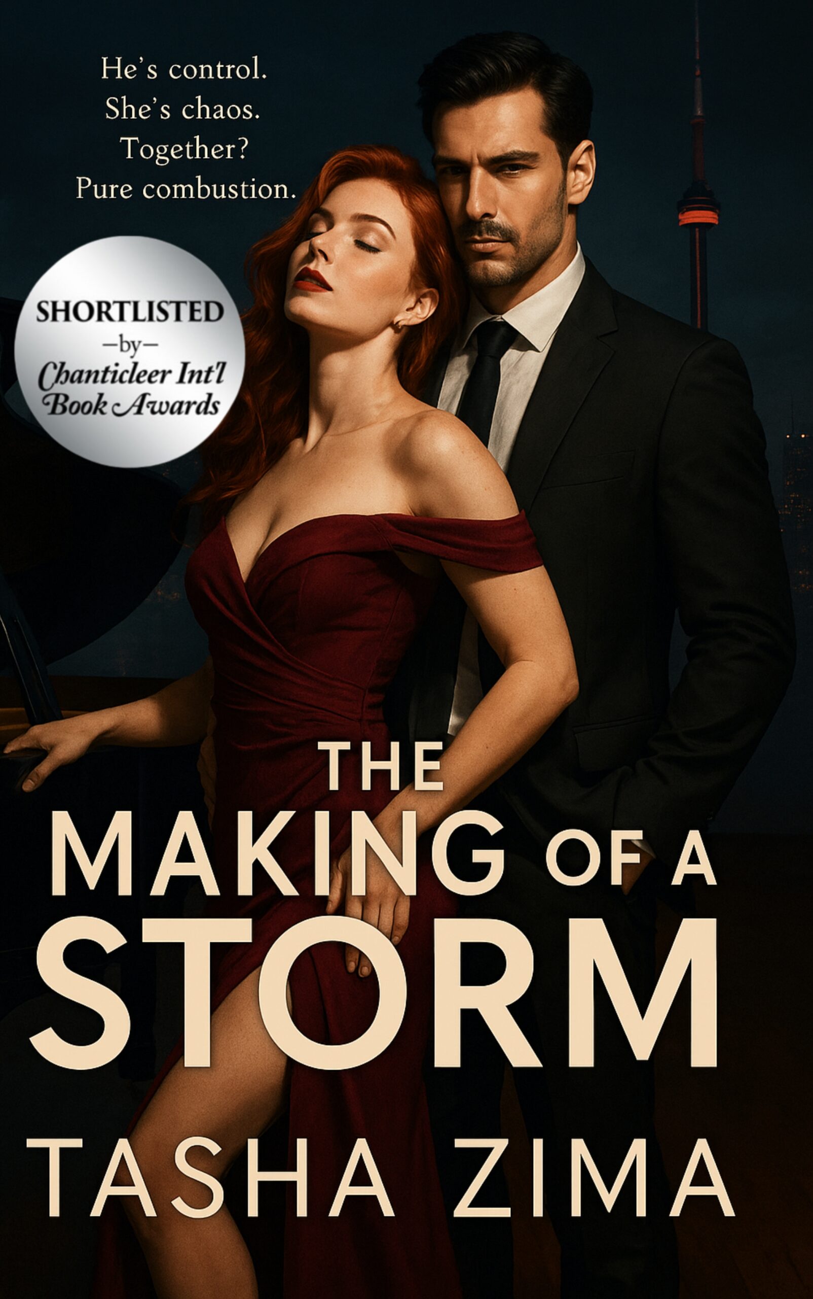 Cover of the Book a Making of a Storm. A couple with Toronto in the background