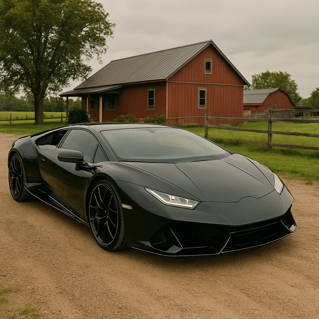 Bennett Rhodes’s sleek black sports car parked in front of the barn at Kelly Farm